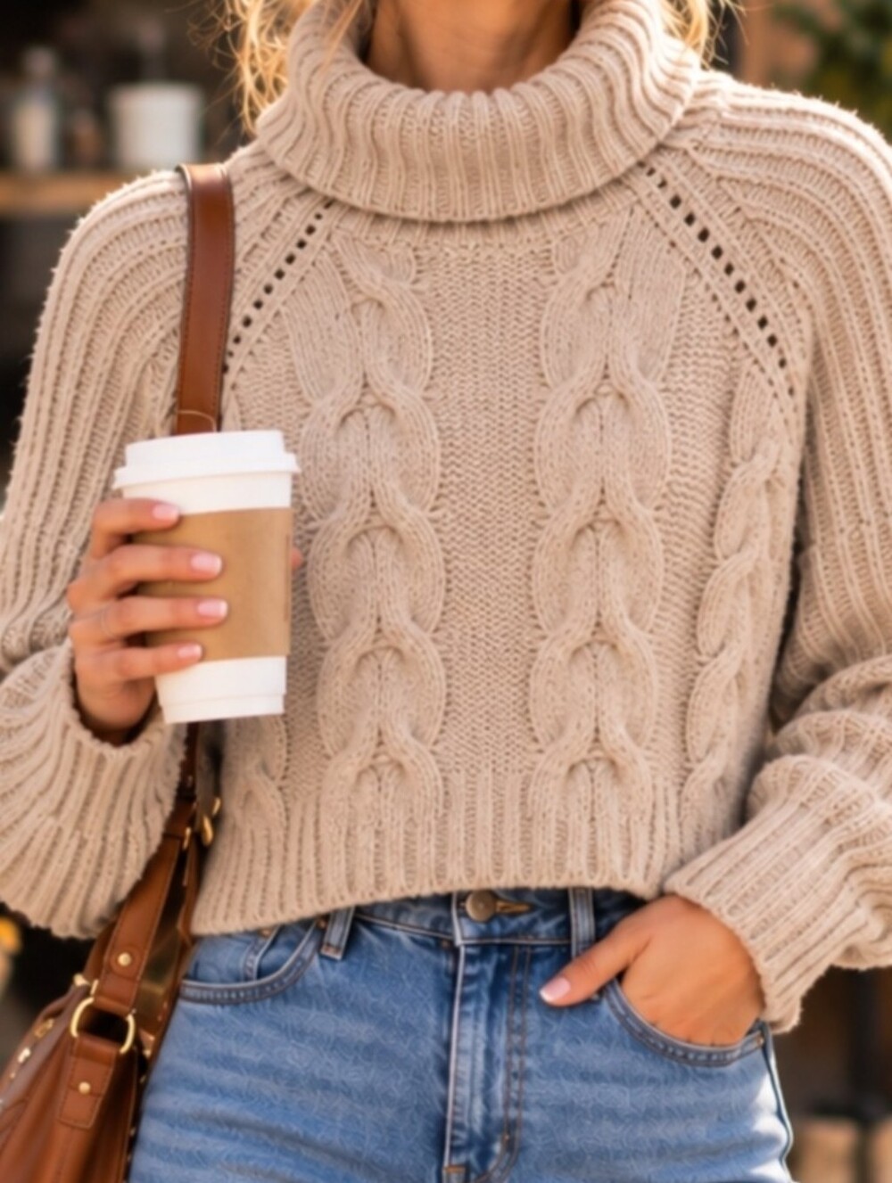 Moon & Madison Beige Cable Knit Turtleneck Sweater Size S Cozy Chunky Knit